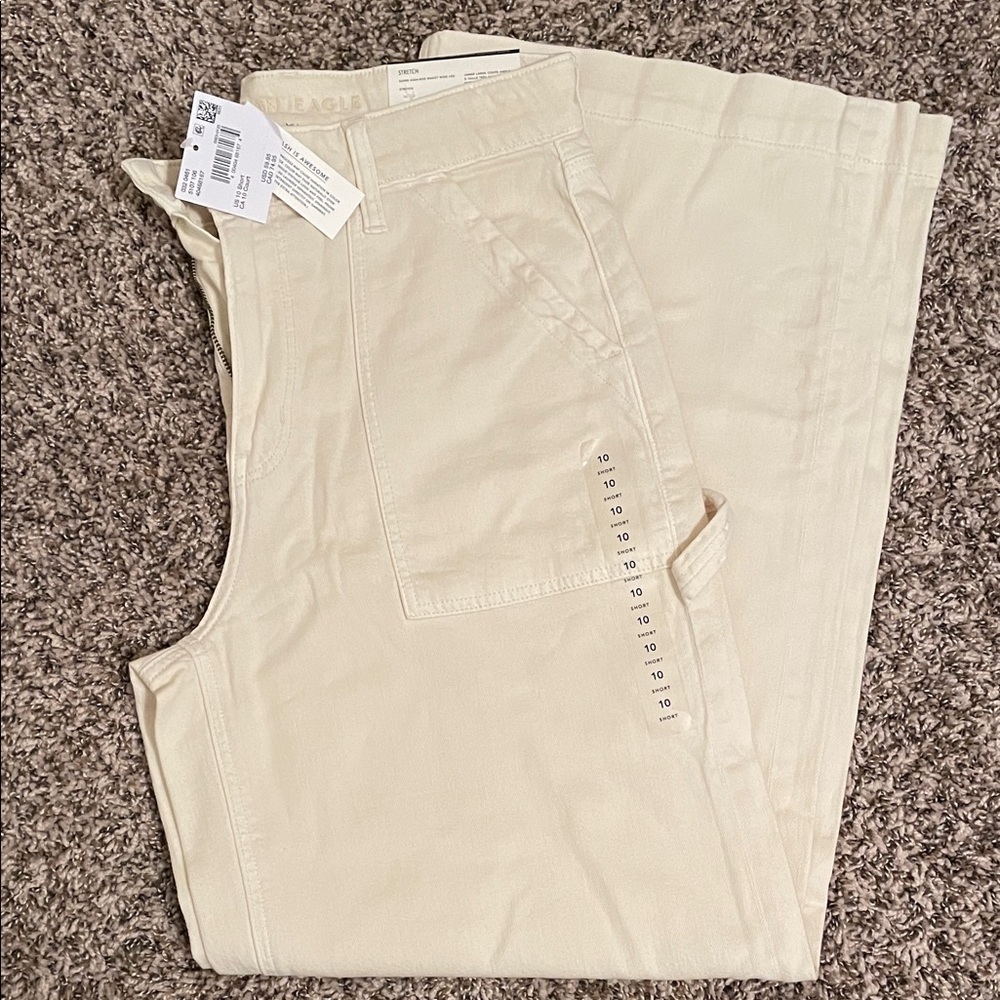 American Eagle Outfitters Super High Rise Baggy Wide Leg Cream Denim Like Pants